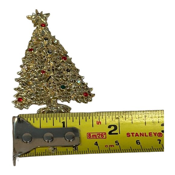 Tancer II Gold Tone Holly Multicolor Rhinestone Christmas Tree Brooch Pin - Picture 10 of 10